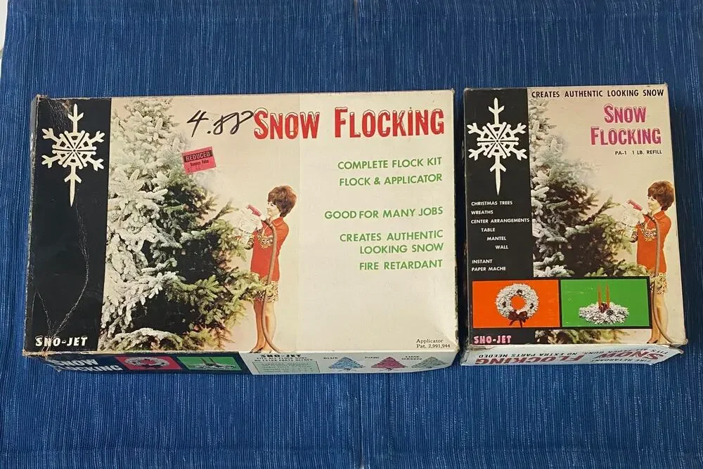 Pair Vintage Sno-Jet Snow Flocking Tree Wreath Christmas Decor Kit & Refill Box